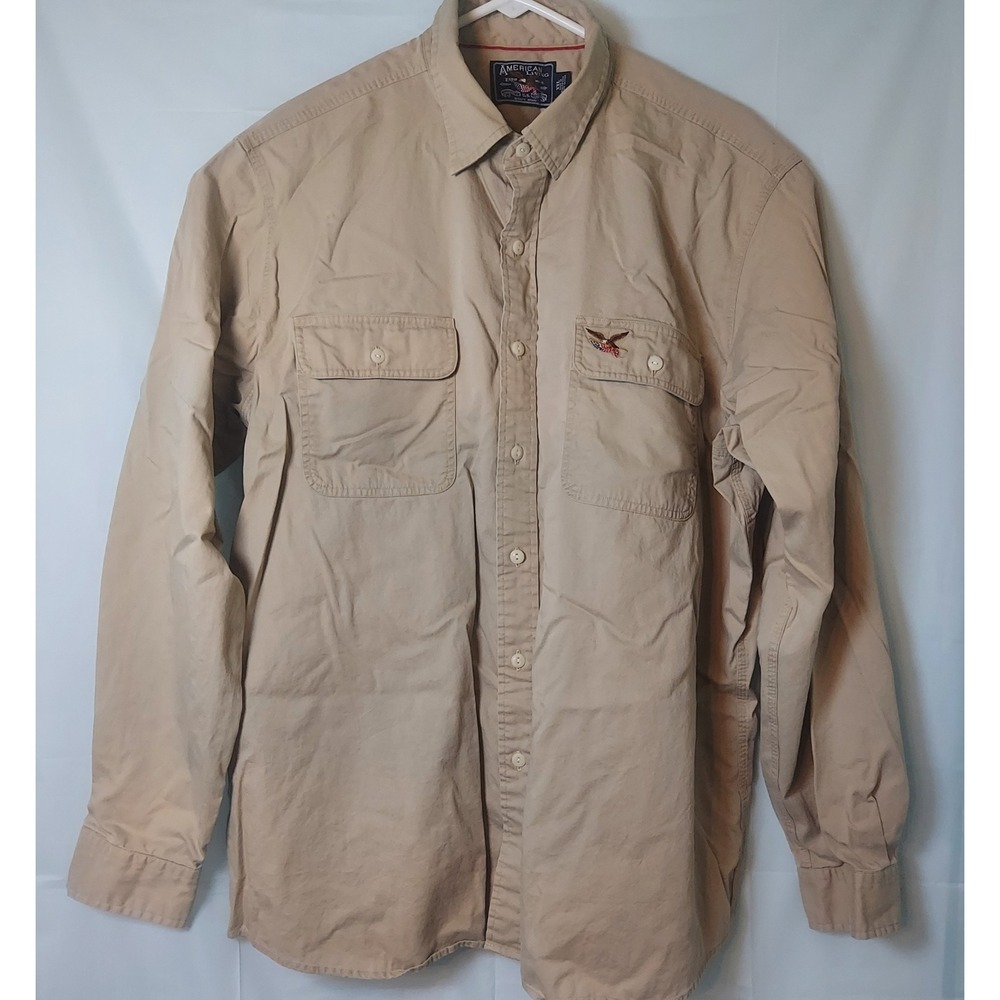 American‎ Living XXL Shirt Mens Button Up Long Sleeve Beige Eagle Cotton Blend